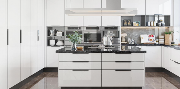 Lemari dengan tampilan glossy dan pegangan kristal